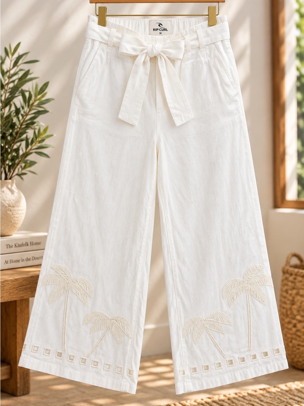 Rip Curl Cream Palm Tree Embroidered Wide Leg Pants M Resort Beach